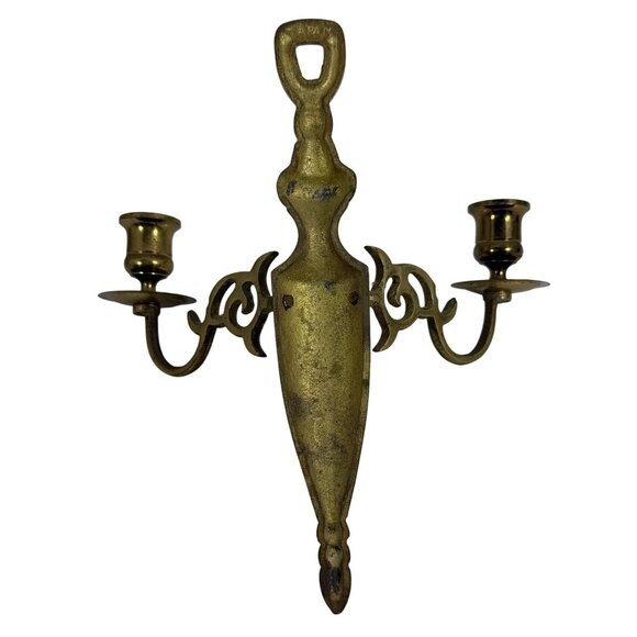 Mid Century Modern Brass Two-Arm Wall-Mounted Candle Sconce Holder Ornate Design - Picture 4 of 5